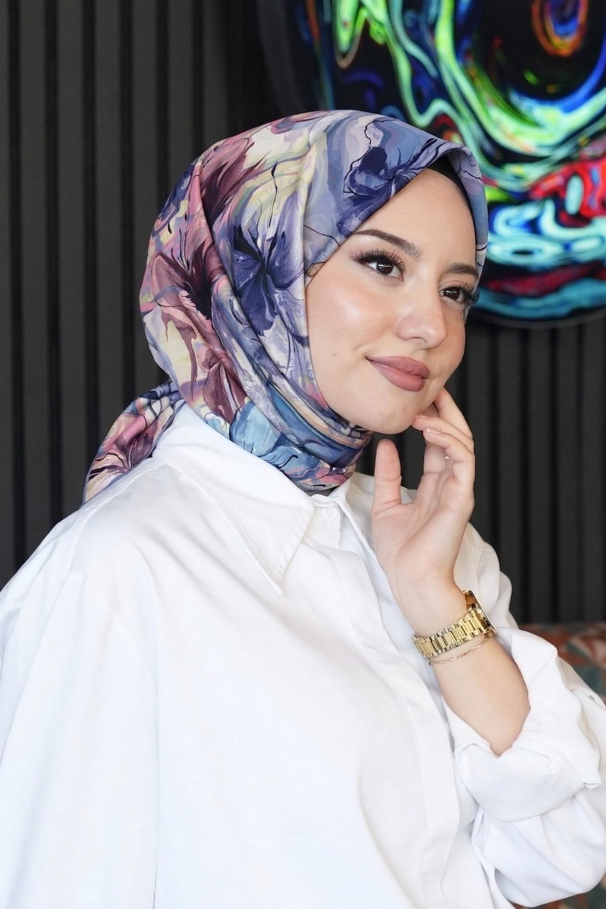 Dalgalı Çiçek Desen Leylak Soft Pamuk Eşarp