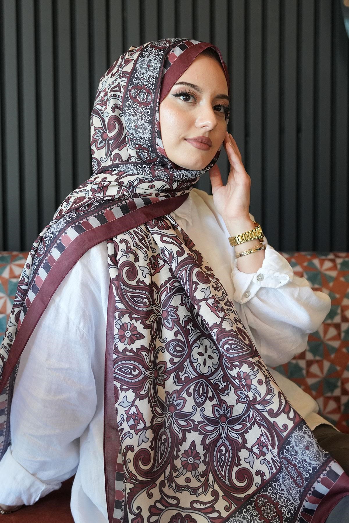 Etnik Desen Bordo Soft Pamuk Şal
