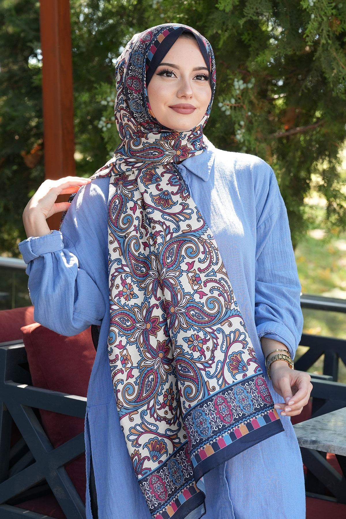 Etnik Desen Lacivert Soft Pamuk Şal