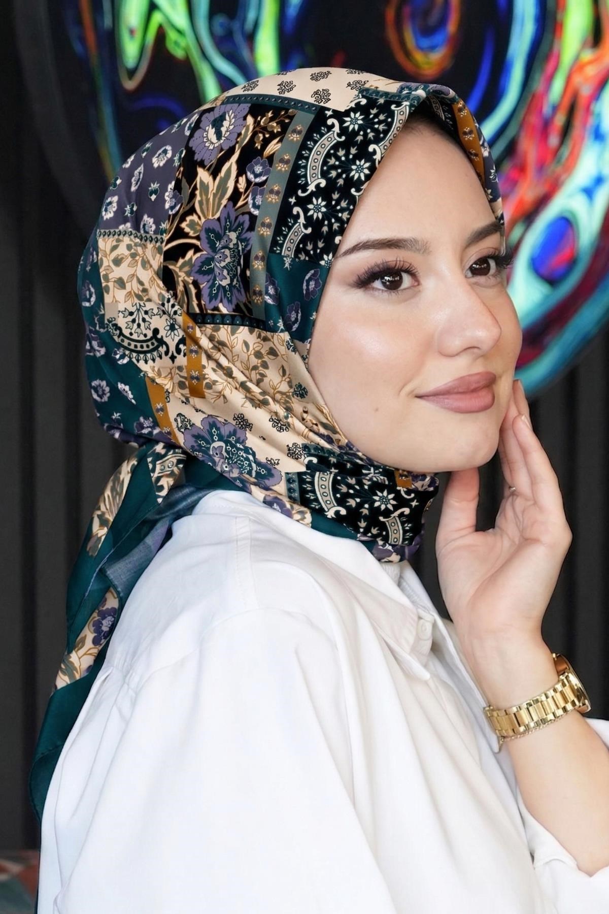 Floral Desen Petrol Soft Pamuk Eşarp