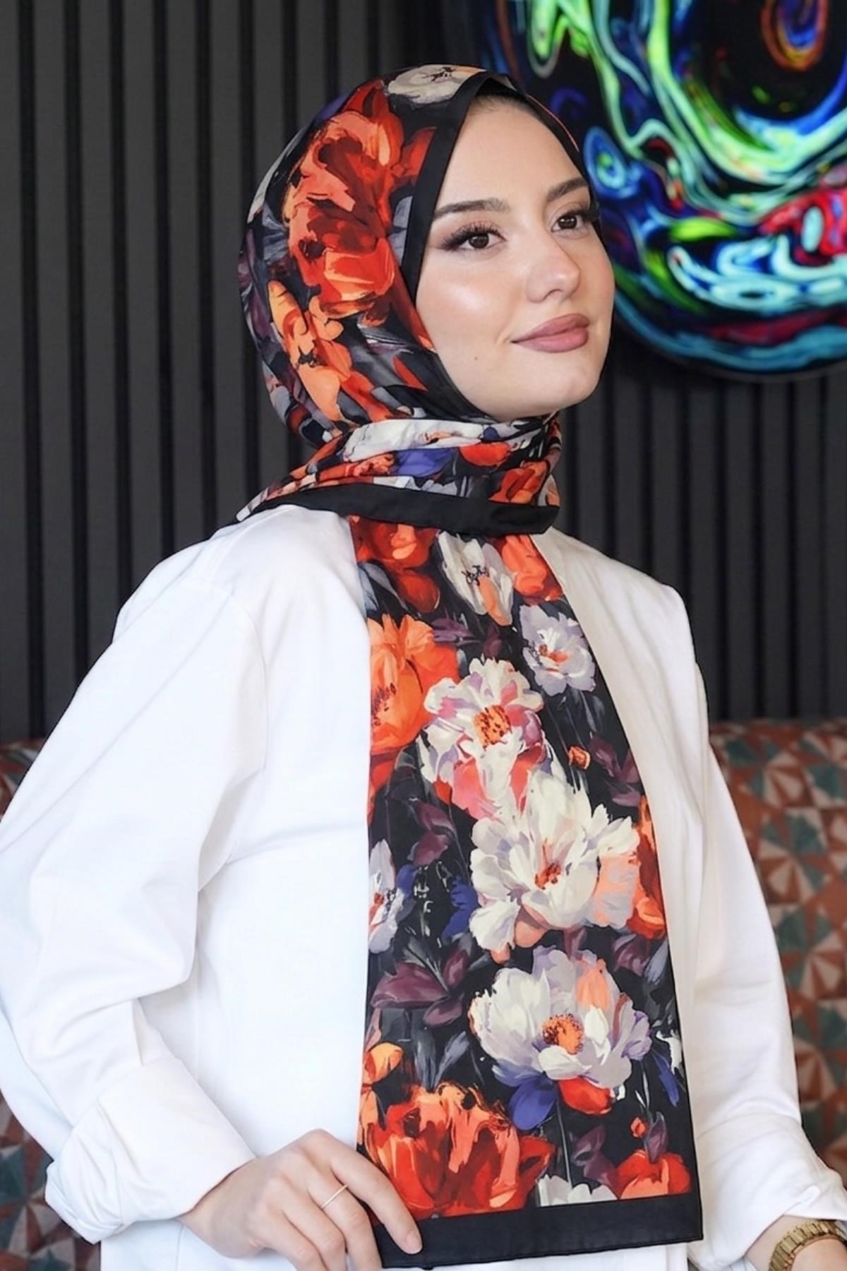 Gül Desen Çok Renkli Soft Pamuk Şal