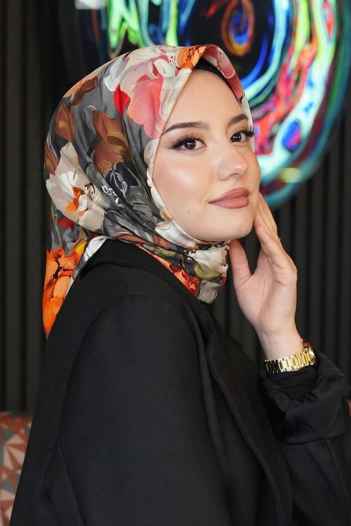 Gül Desen Turuncu Soft Pamuk Eşarp