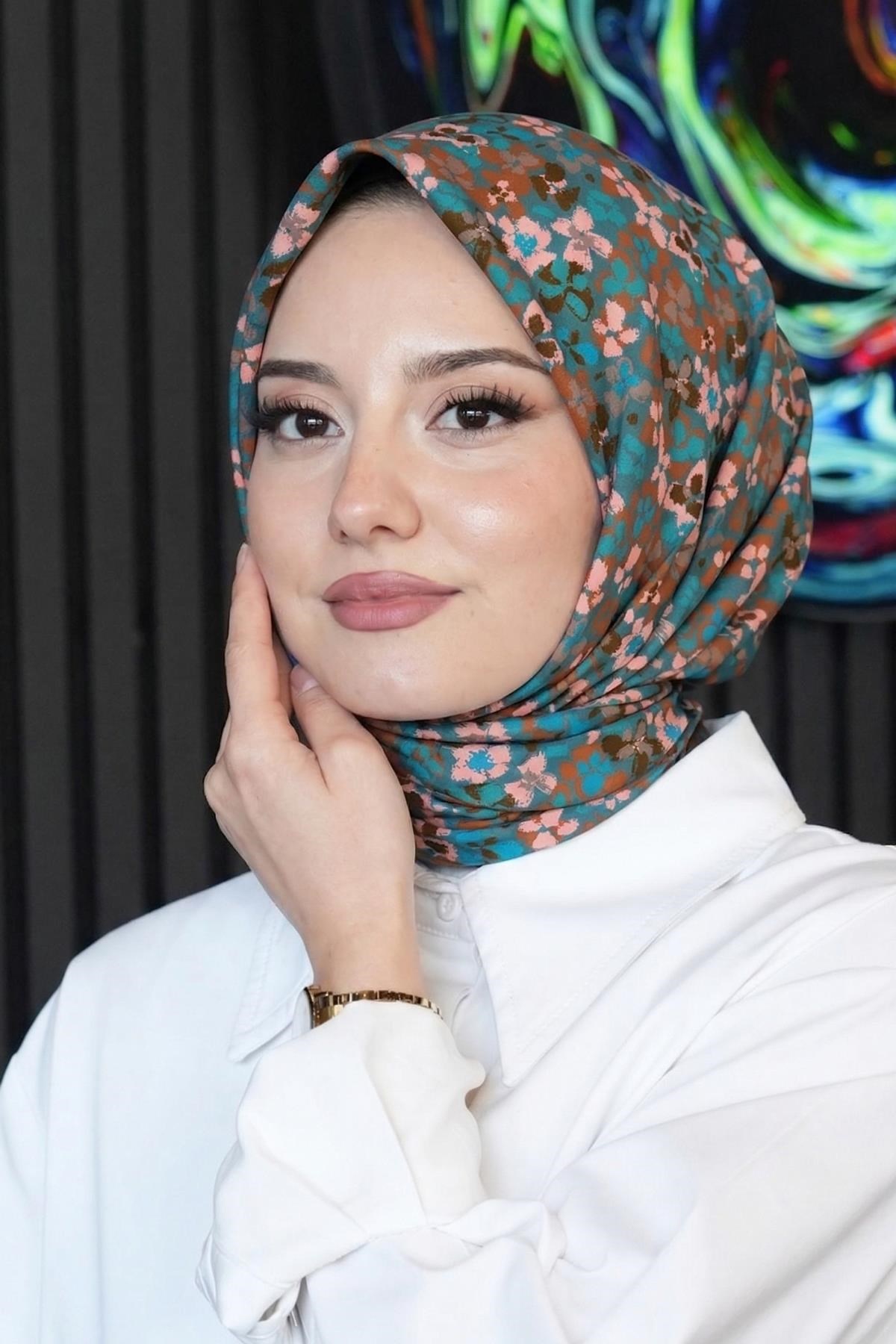 Kiraz Çiçeği Desen Mavi Soft Pamuk Eşarp