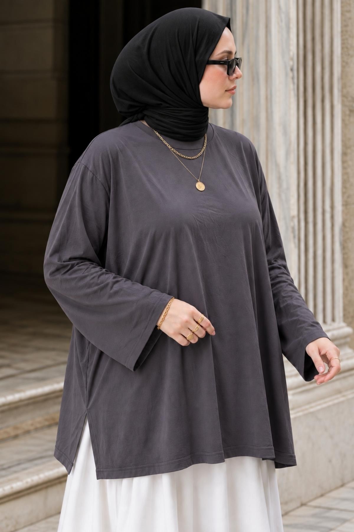 Lavinya Kadın Büyük Beden Oversize Uzun Kollu Penye Bluz Füme