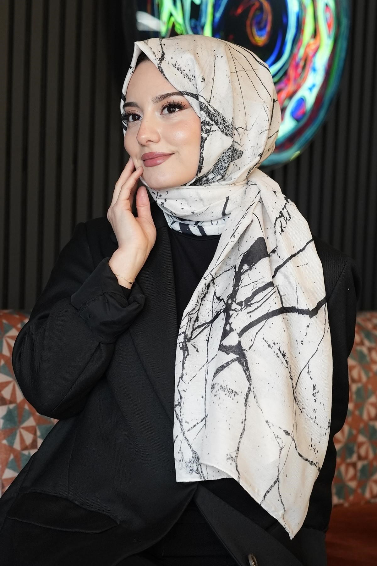 Mermer Desen Bej Soft Pamuk Şal