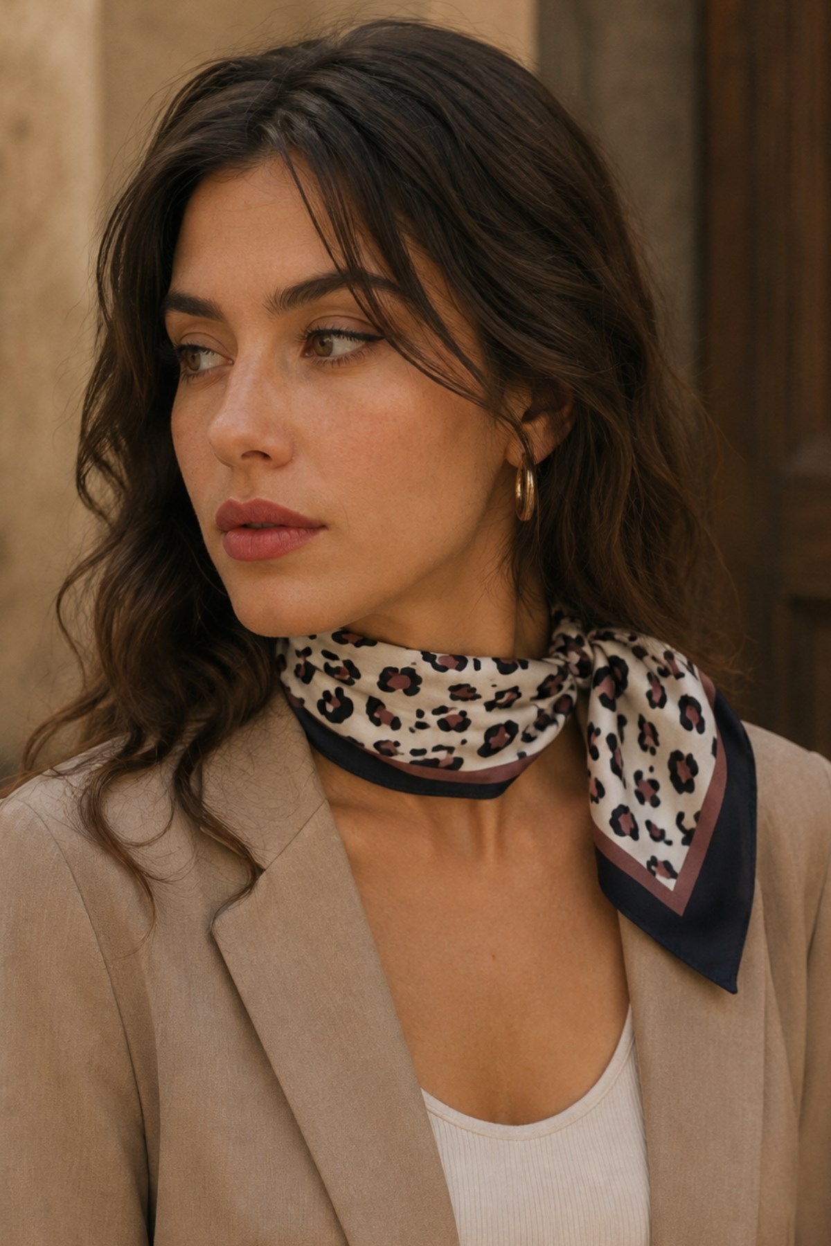 Mini Leopar Desen Taba Saten Bandana Fular 50×50 cm