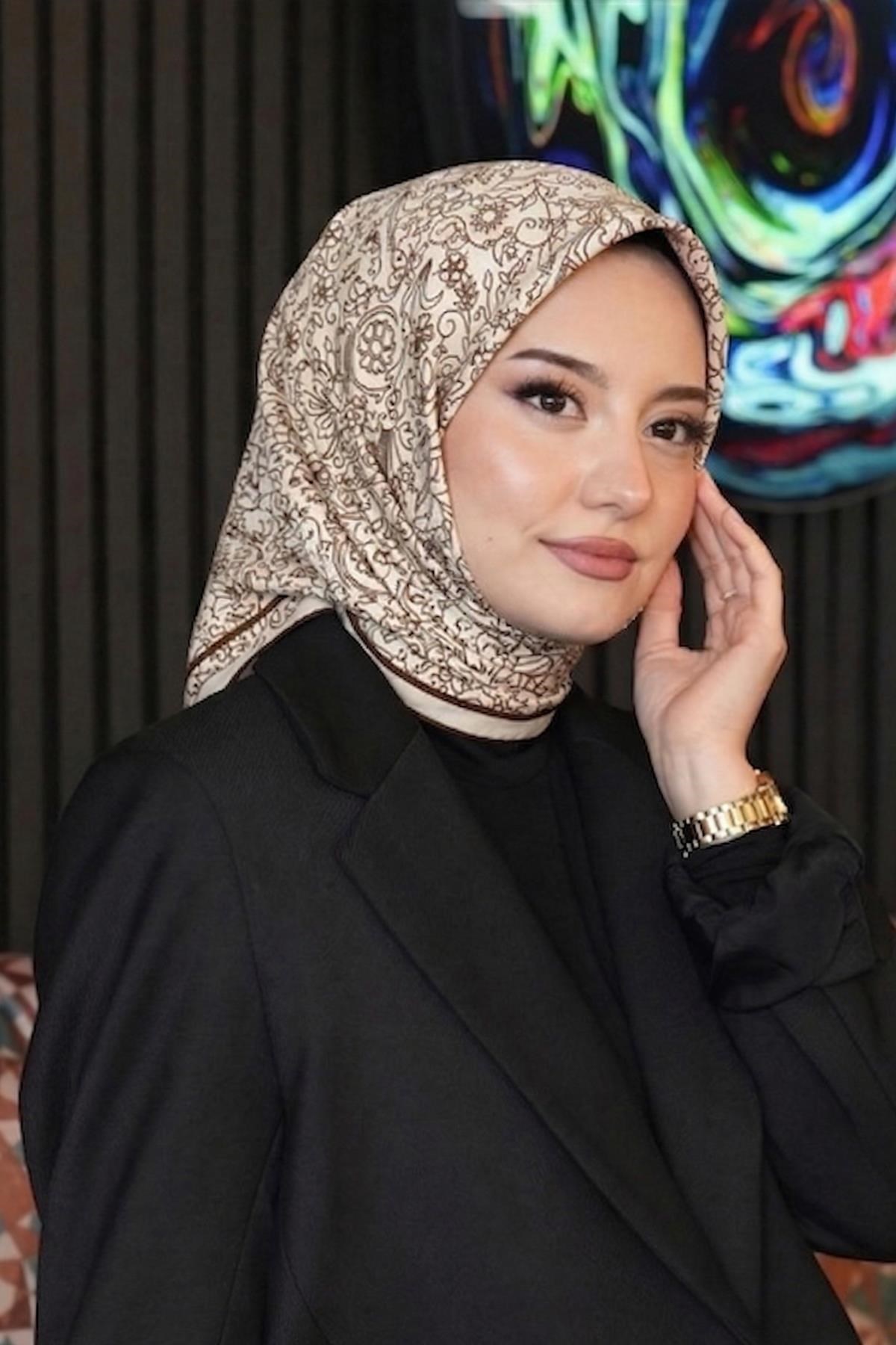 Osmanlı Motif Desen Çikolata Soft Pamuk Eşarp