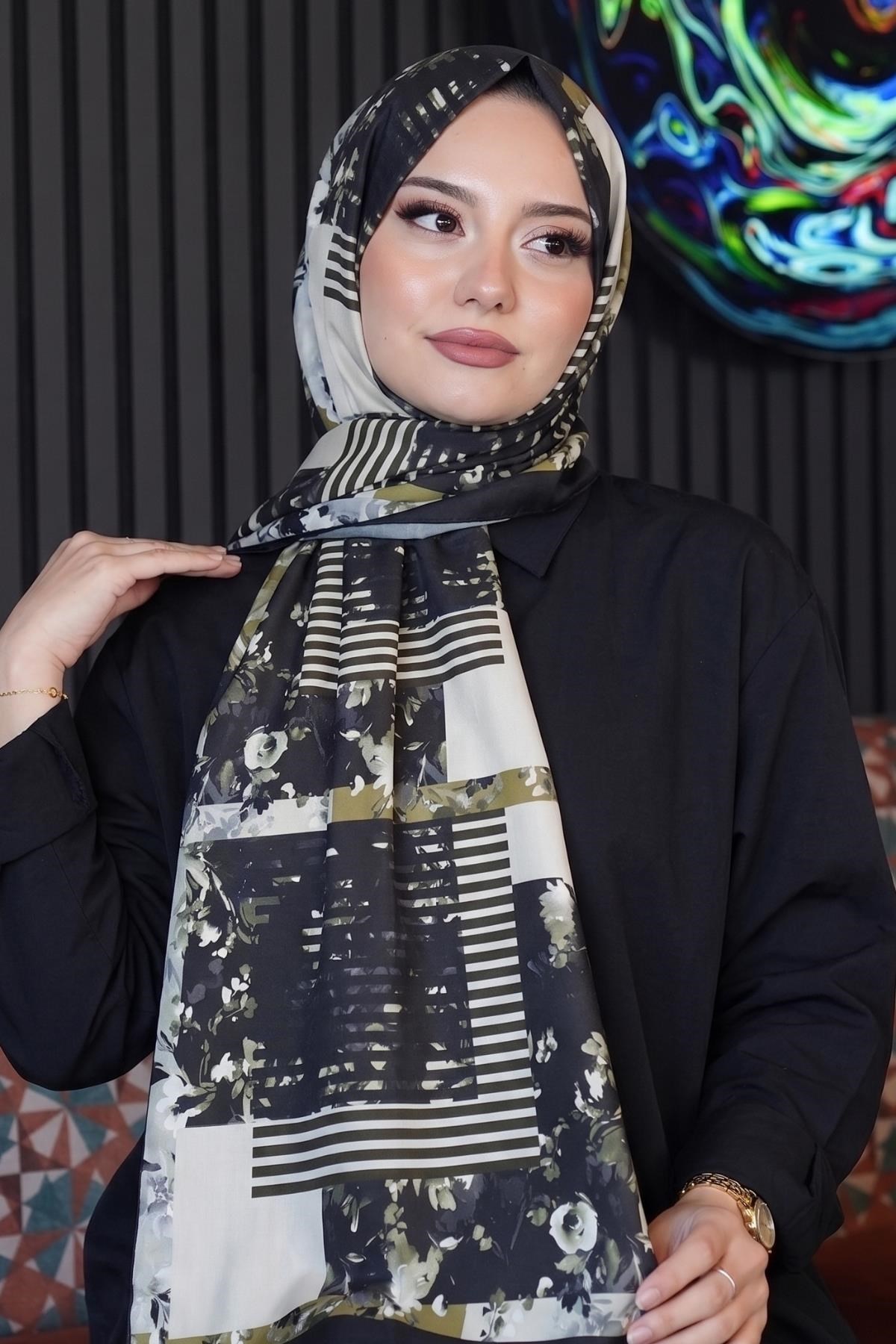 Retro Çiçek Desen Bej Soft Pamuk Şal