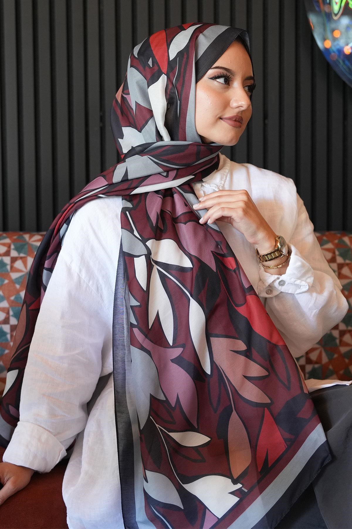 Yaprak Desen Bordo Soft Pamuk Şal