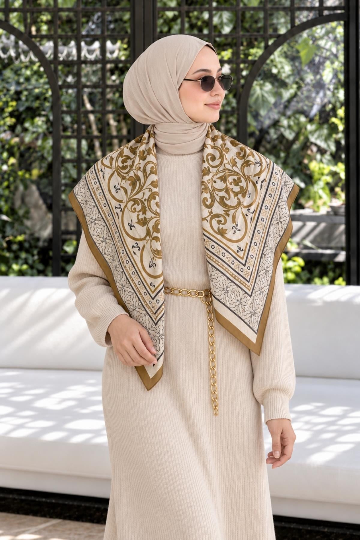 Anadaolu Motif Desen Bej-Camel Soft Fular Eşarp 90x90 cm