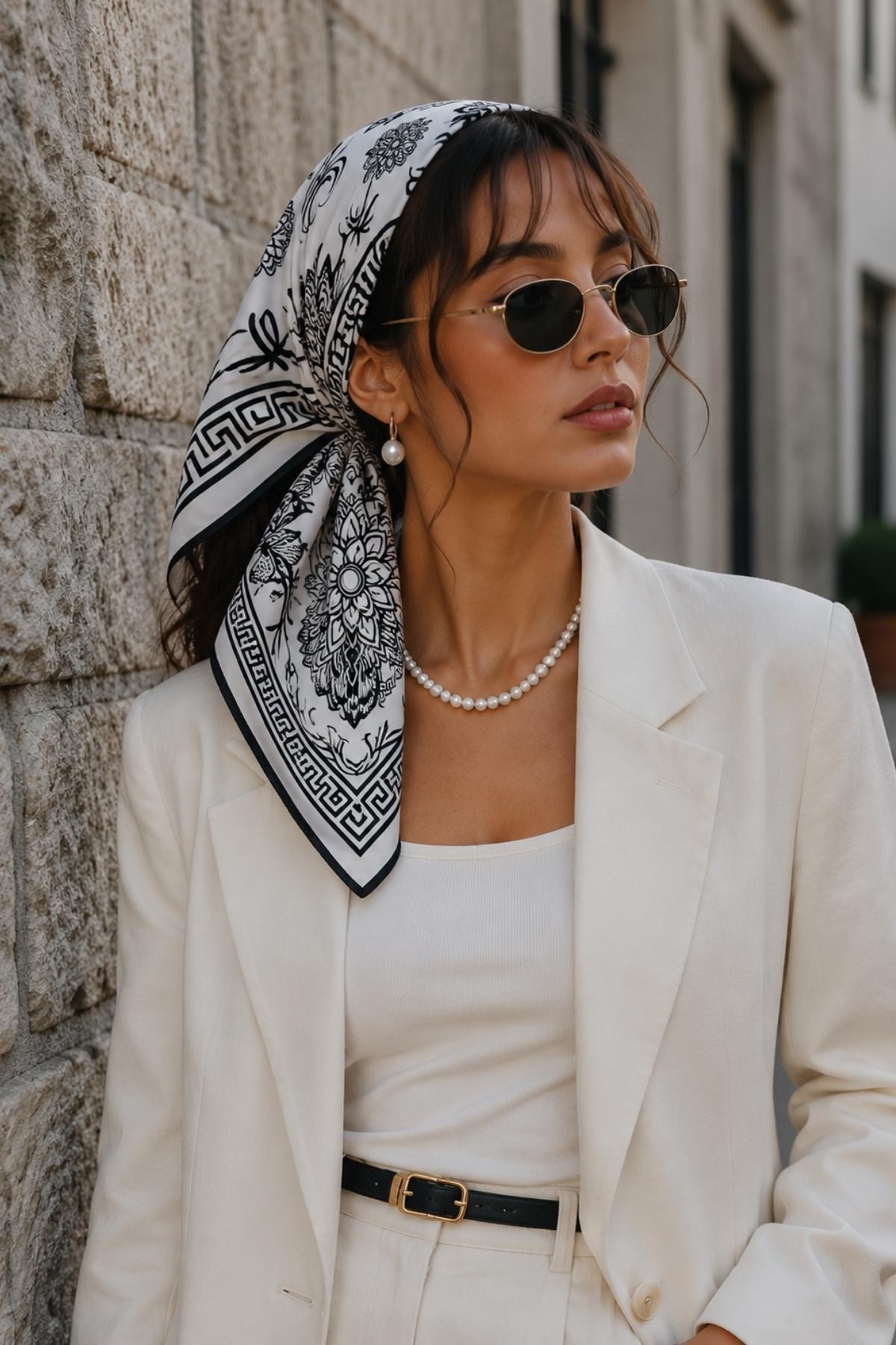 Arı Çiçek Desen Krem-Siyah Soft Bandana Fular 50x50 cm