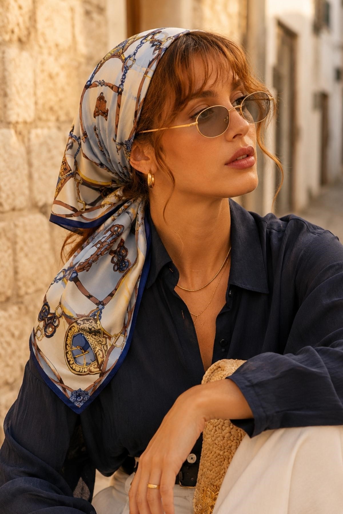 Binici Desen Lacivert-Krem Soft Bandana Fular 50x50 cm