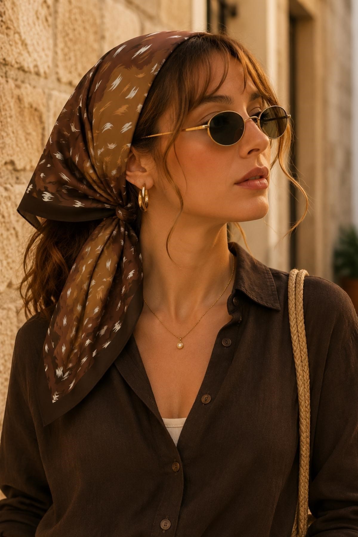 Ceylan Desen Kahve-Taba Soft Bandana Fular 50x50 cm