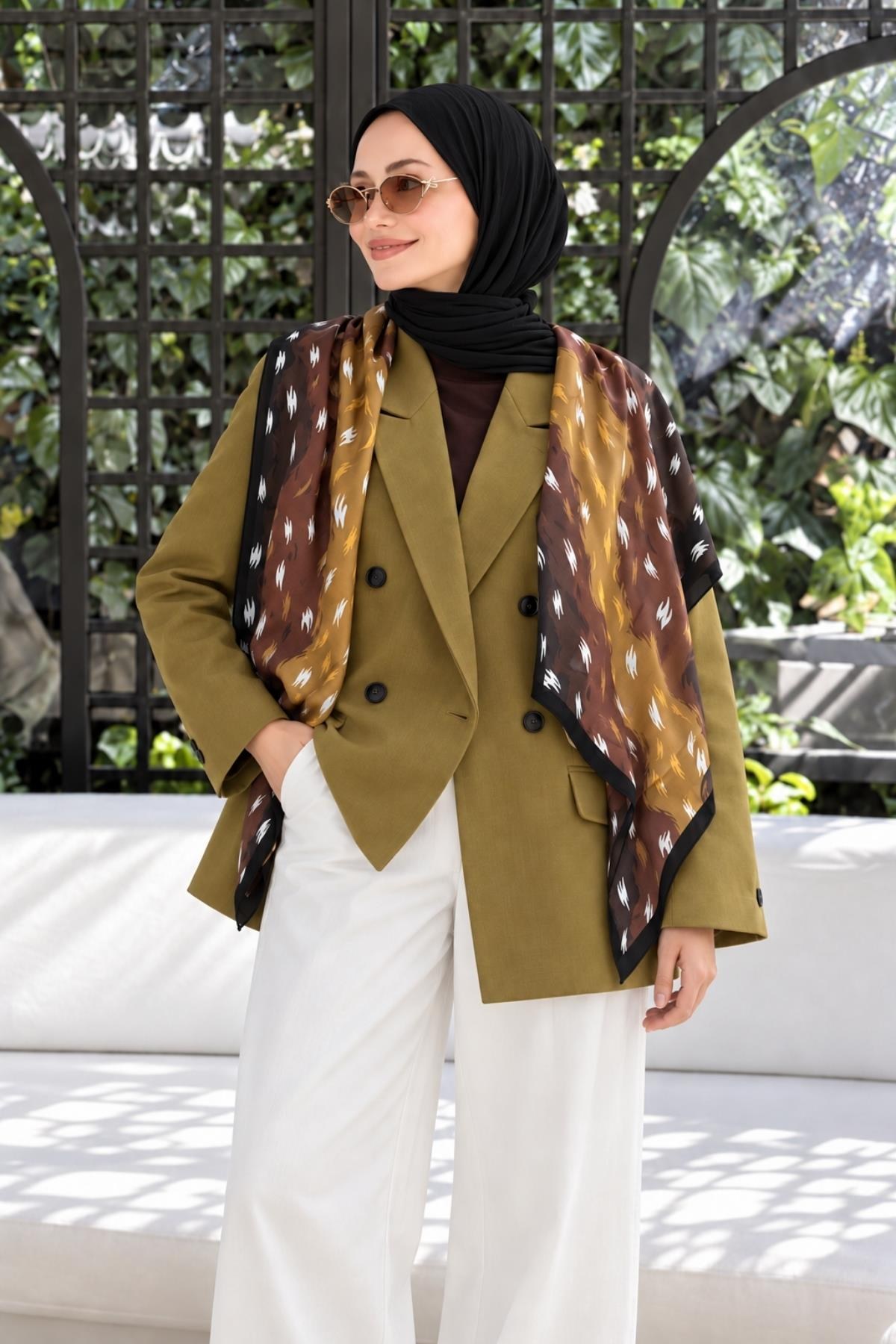 Ceylan Desen Kahve-Taba Soft Fular Eşarp 90x90 cm