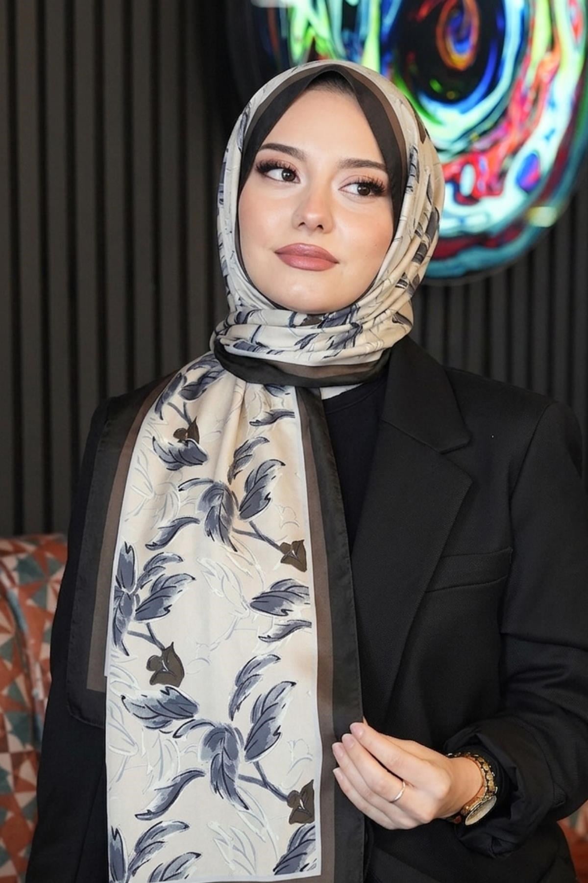 Çiçek Desen Bronz Kahve Soft Pamuk Şal 
