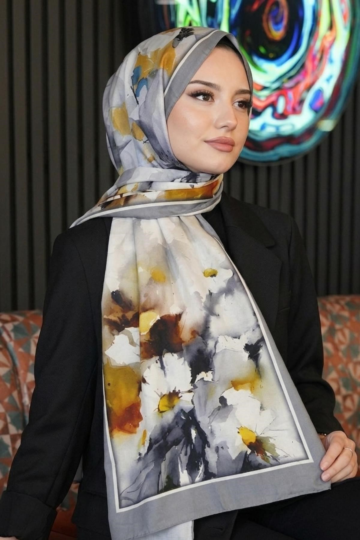 Çiçek Desen Gri Soft Pamuk Şal