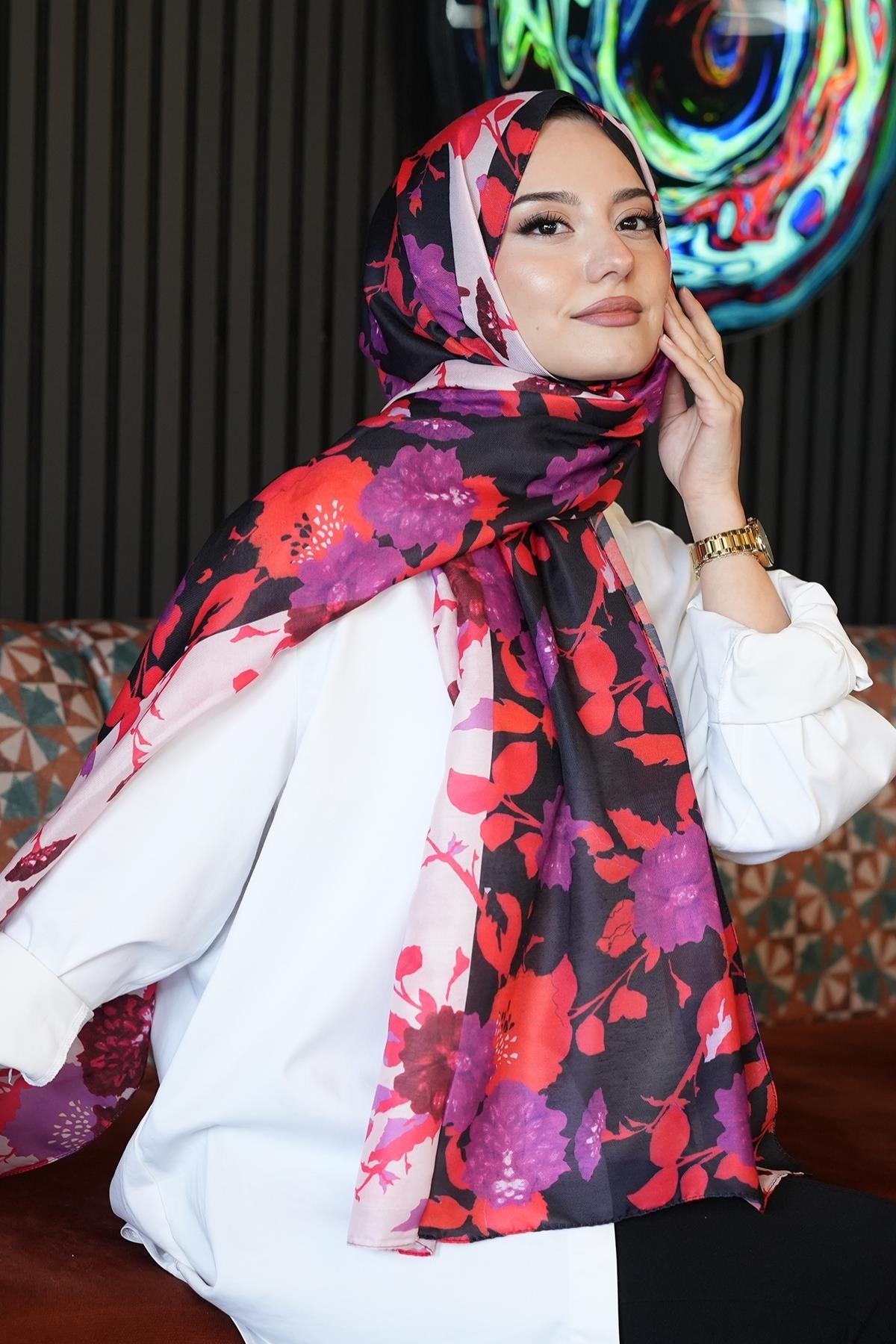 Çiçek Desen Pembe Soft Pamuk Şal