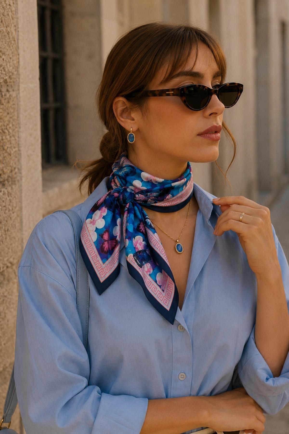 Çiçek Desen Saks Mavisi-Pembe Soft Bandana Fular 50x50 cm