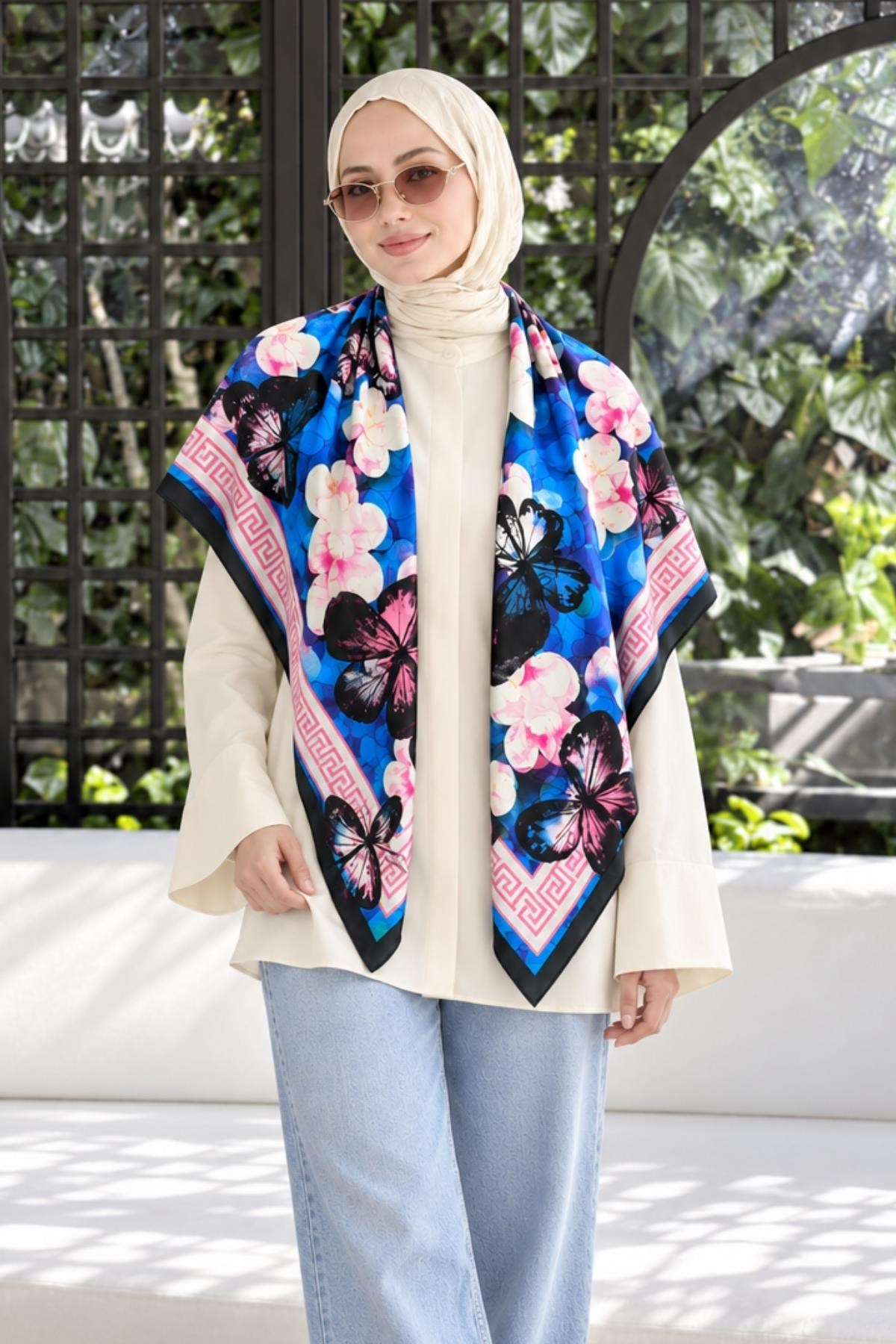 Çiçek Desen Saks-Pembe Soft Fular Eşarp 90x90 cm