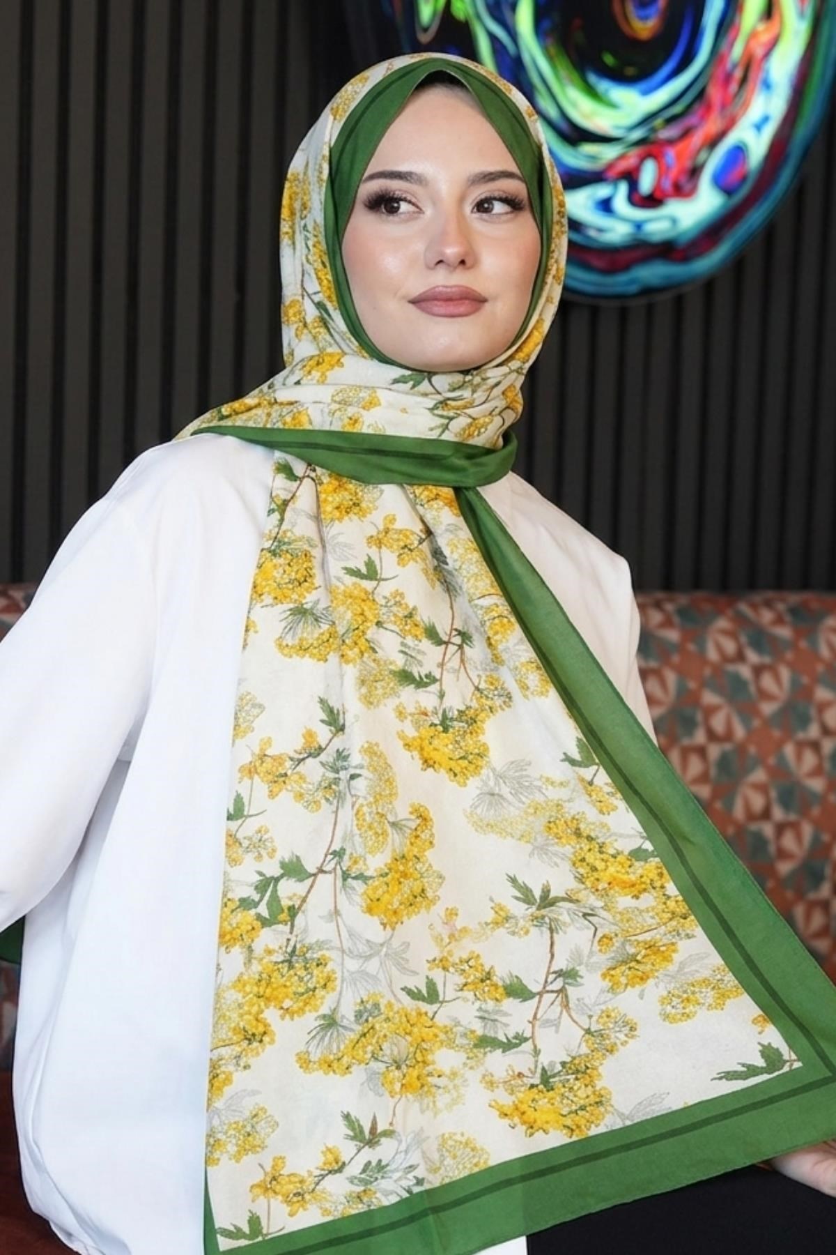 Çiçek Desen Sarı Soft Pamuk Şal 