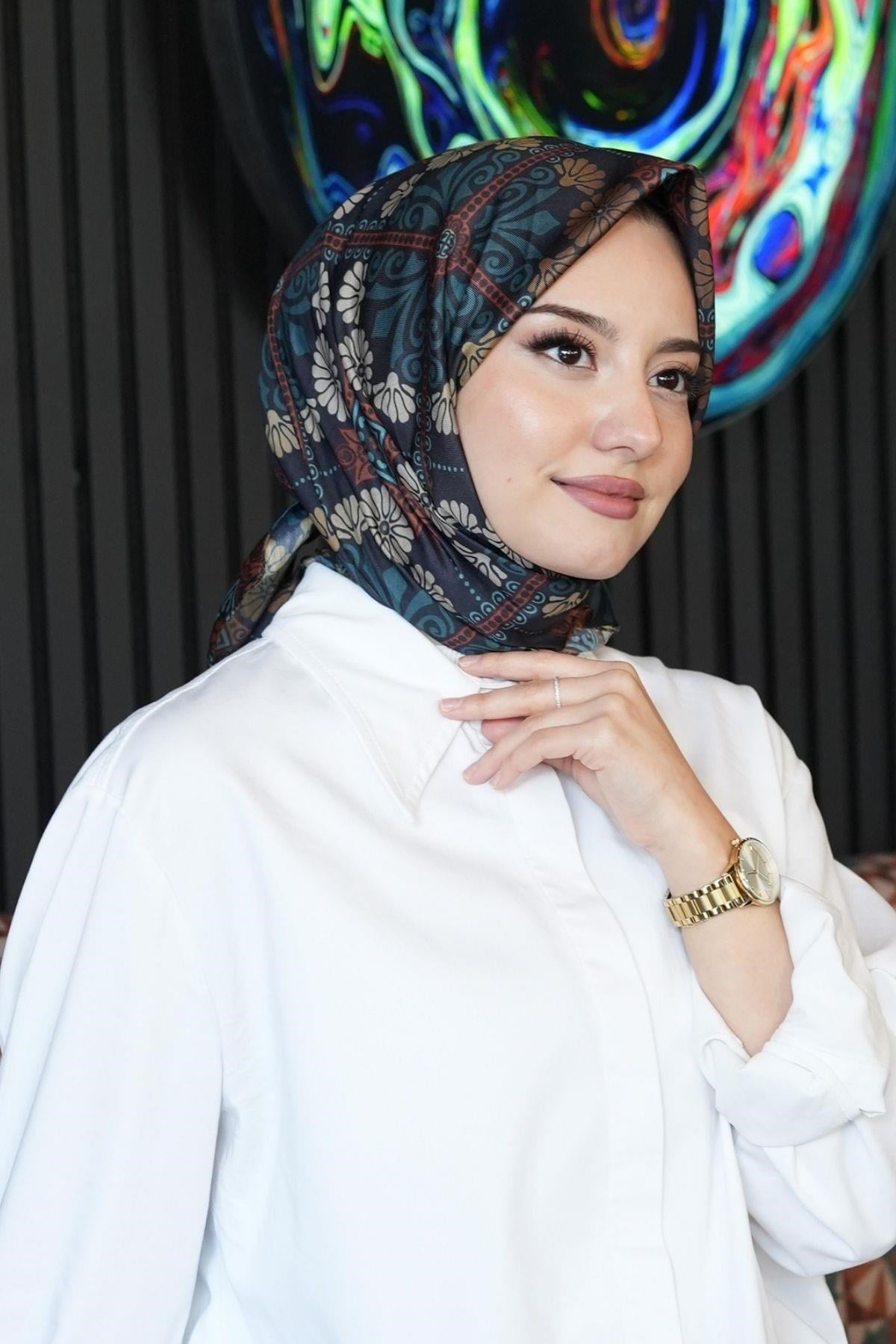Çiçek Desen Turkuaz Soft Pamuk Eşarp