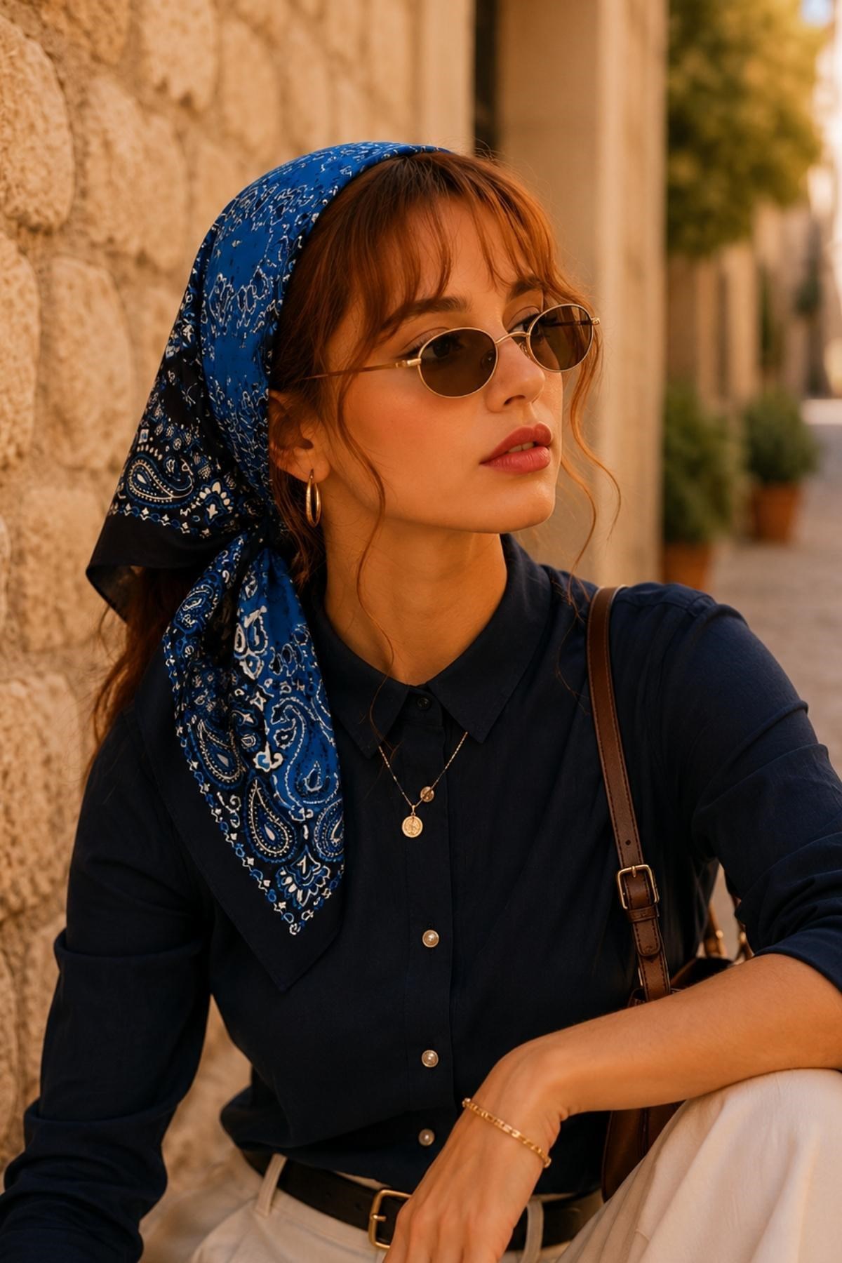 Çift Renk Desen Saks Mavisi Soft Bandana Fular 50x50 cm