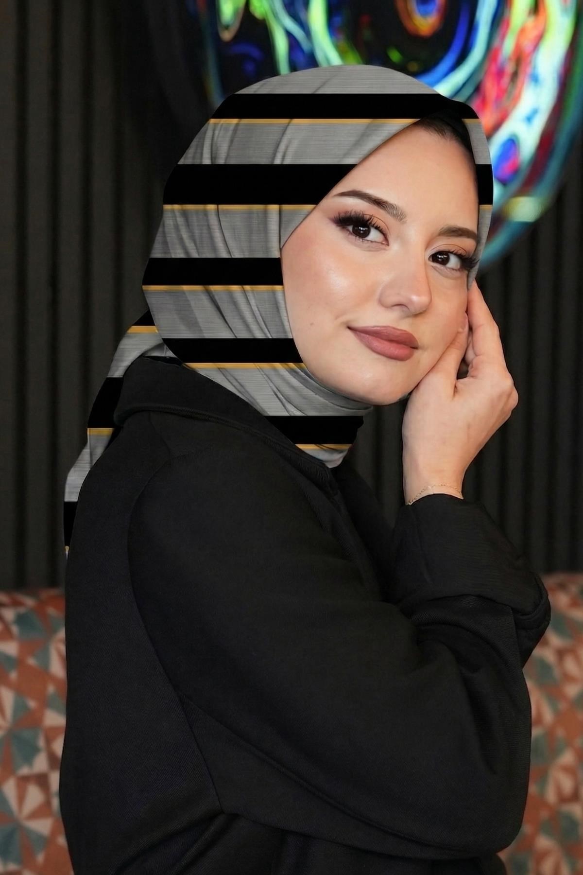 Çizgili Desen Gri Soft Pamuk Eşarp