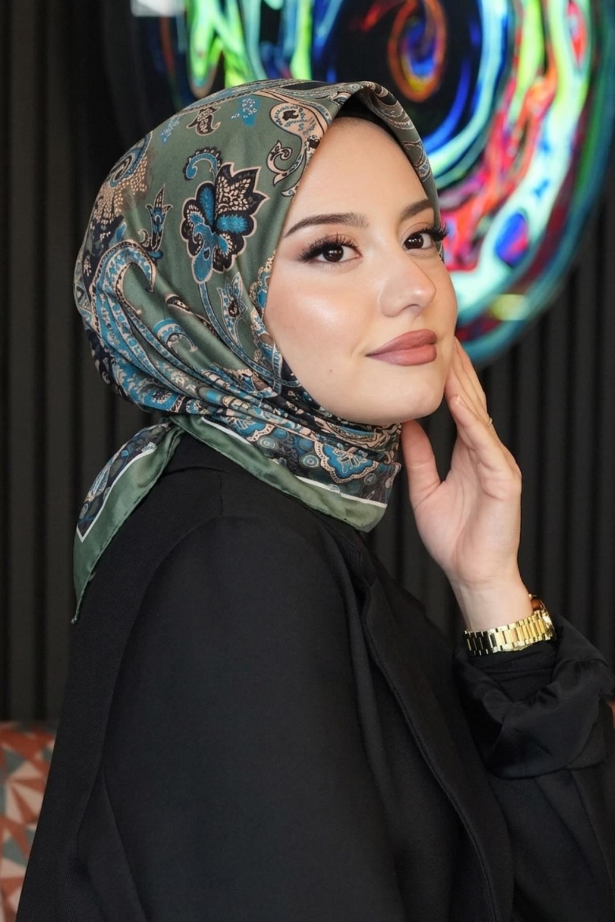 Damla Motif Desen Yeşil Soft Pamuk Eşarp