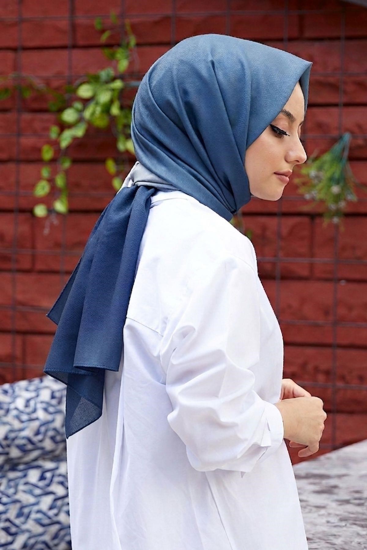 Degrade Desen Mavi-Gri Soft Pamuk Şal