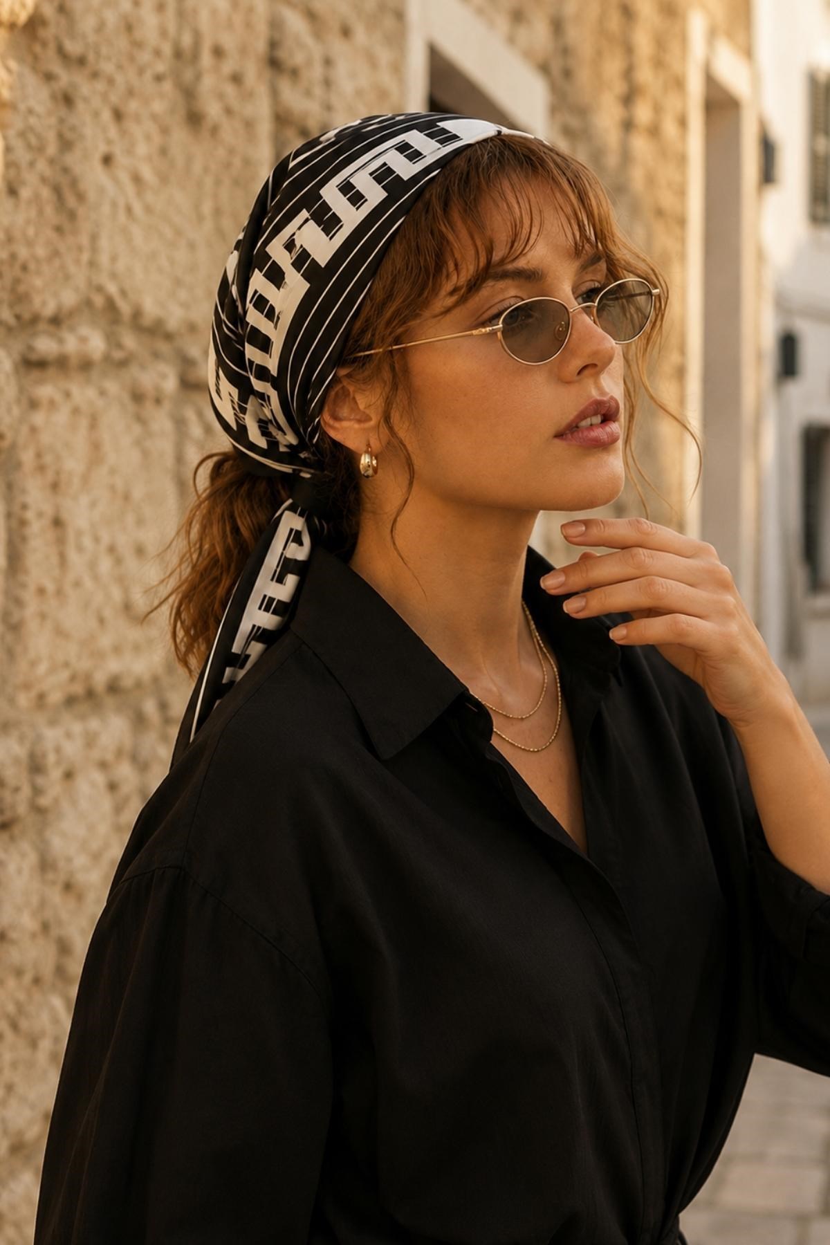 Desenli Fular Ekru-Siyah