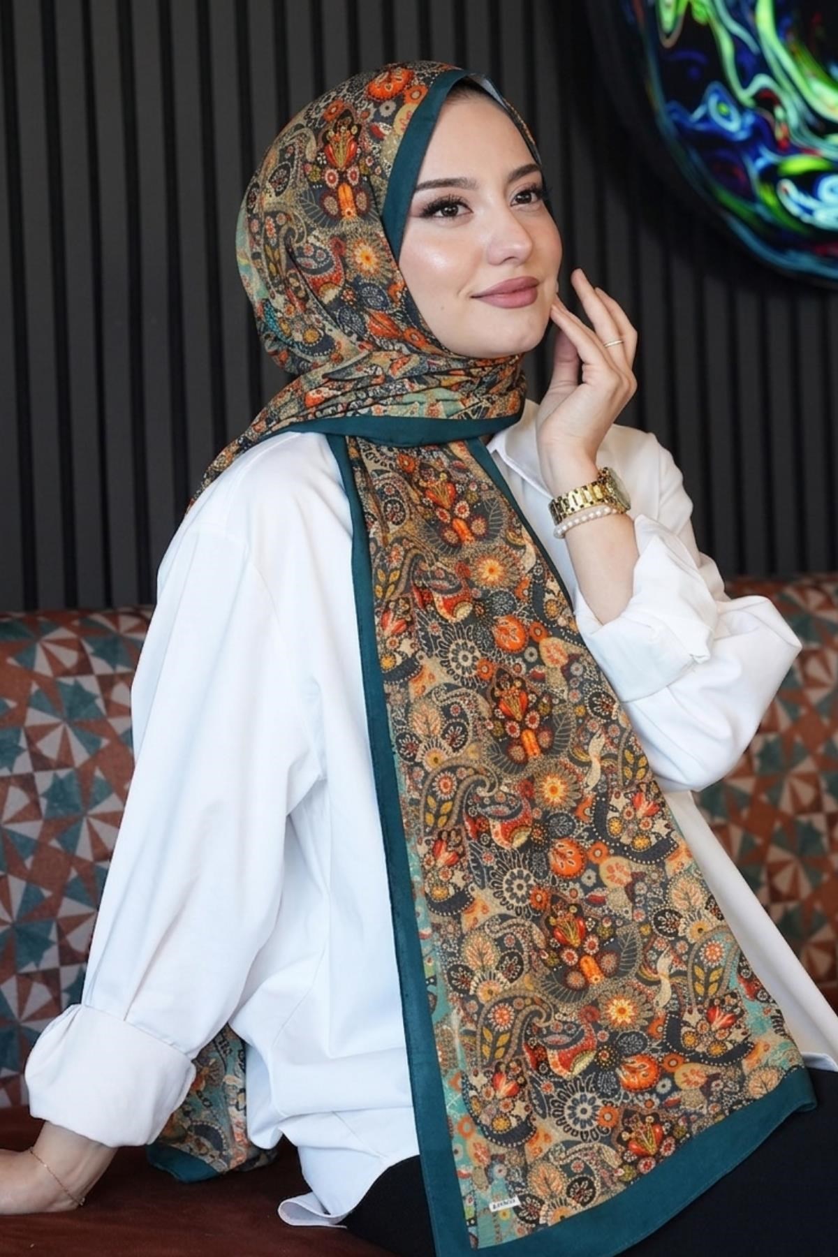 Etnik Çiçek Desen Yeşil Soft Pamuk Şal