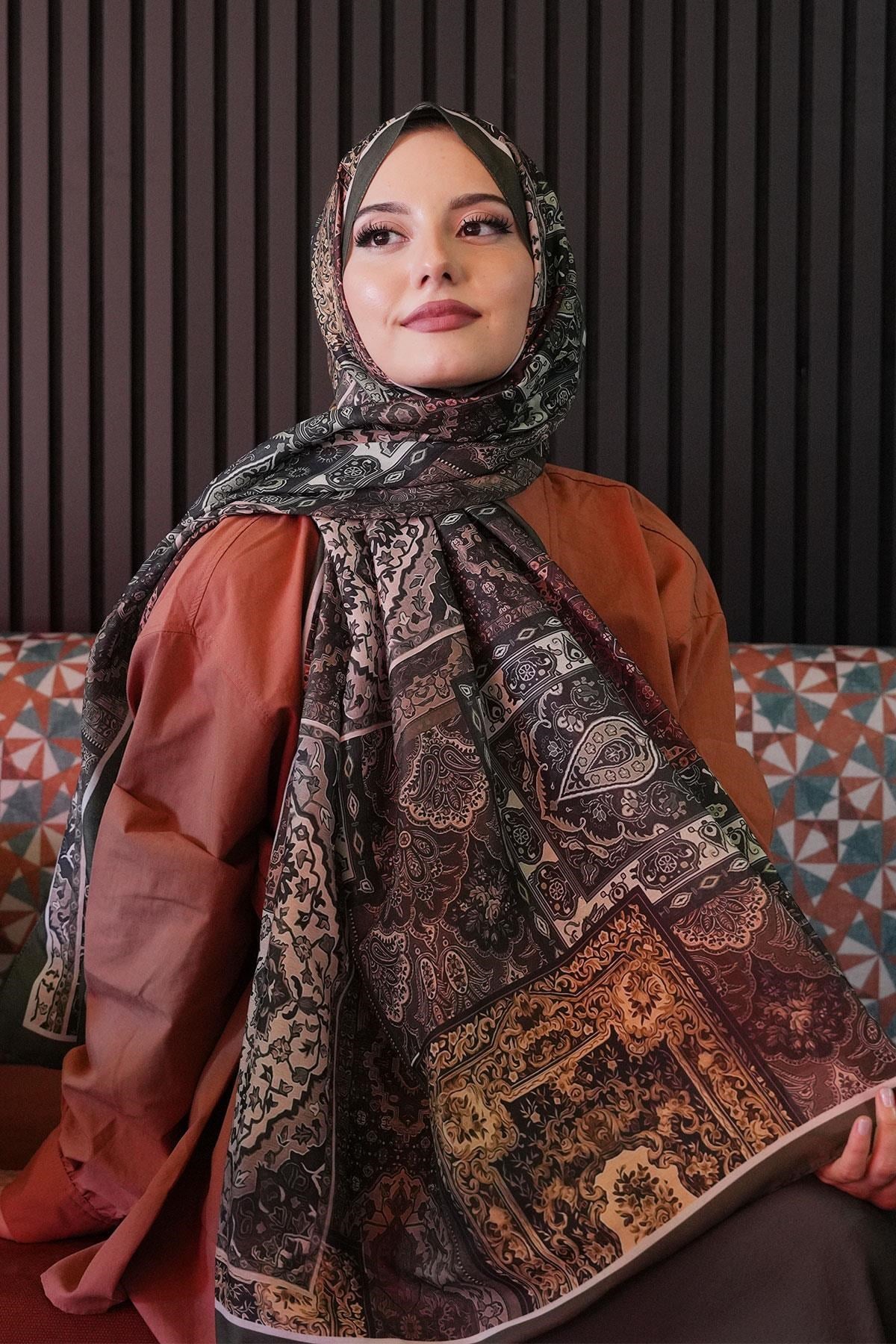 Etnik Desen Haki Soft Pamuk Şal