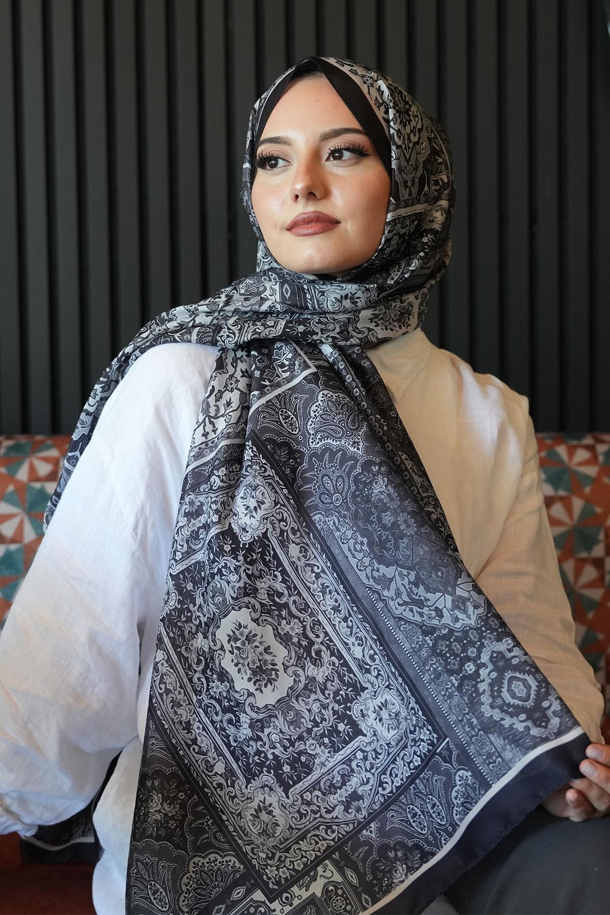 Etnik Desen Siyah Soft Pamuk Şal