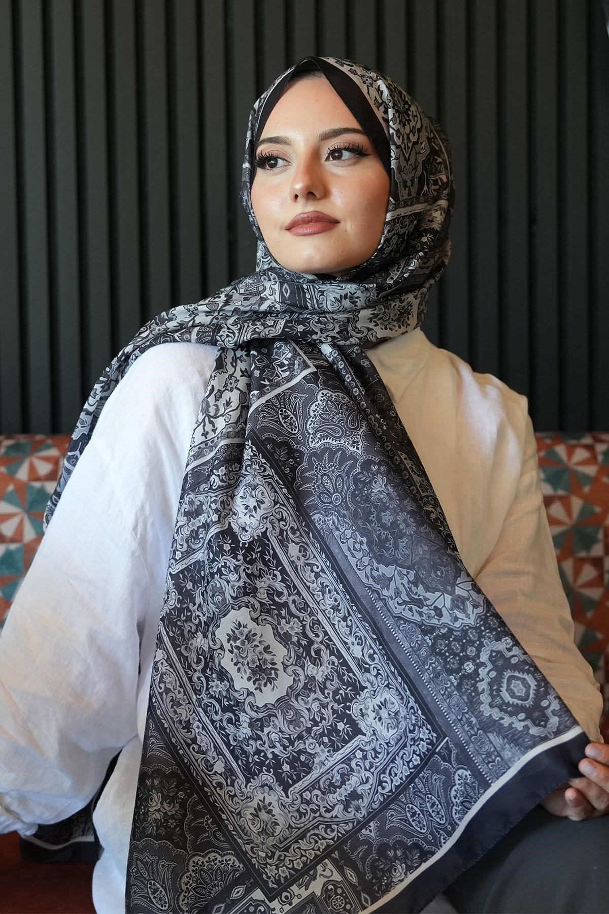 Etnik Desen Siyah Soft Pamuk Şal