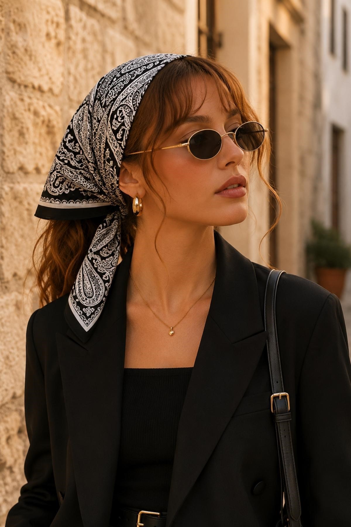 Etnik Şal Desen Siyah-Beyaz Soft Bandana Fular 50x50 cm