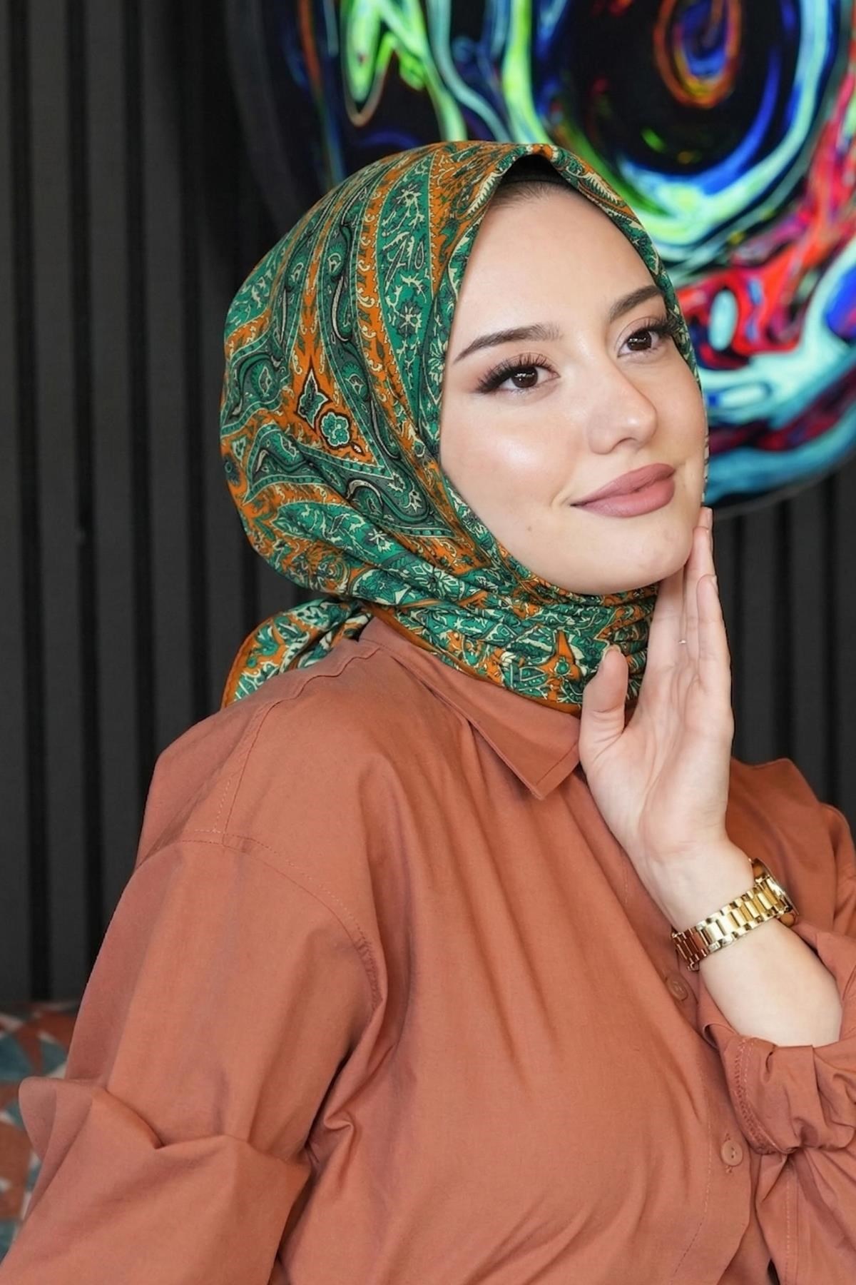 Etnik Yıldız Desen Zümrüt Soft Pamuk Eşarp