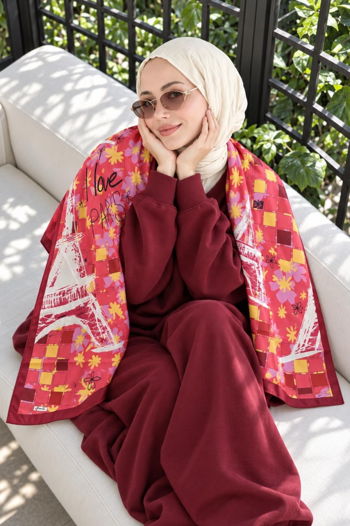 Eyfel Çiçek Desen Mercan-Bordo Soft Fular Eşarp 90x90 cm