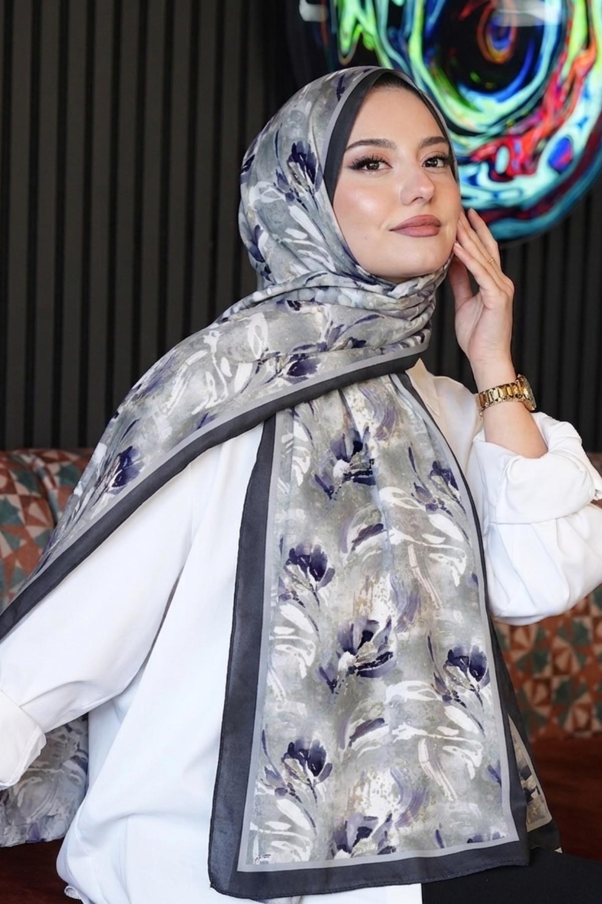 Fırça Lale Desen Füme Soft Pamuk Şal