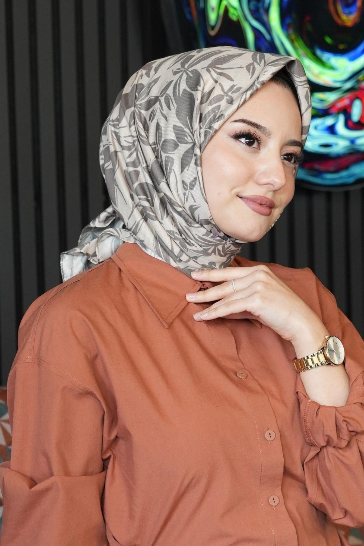 Floral Desen Bej Soft Pamuk Eşarp