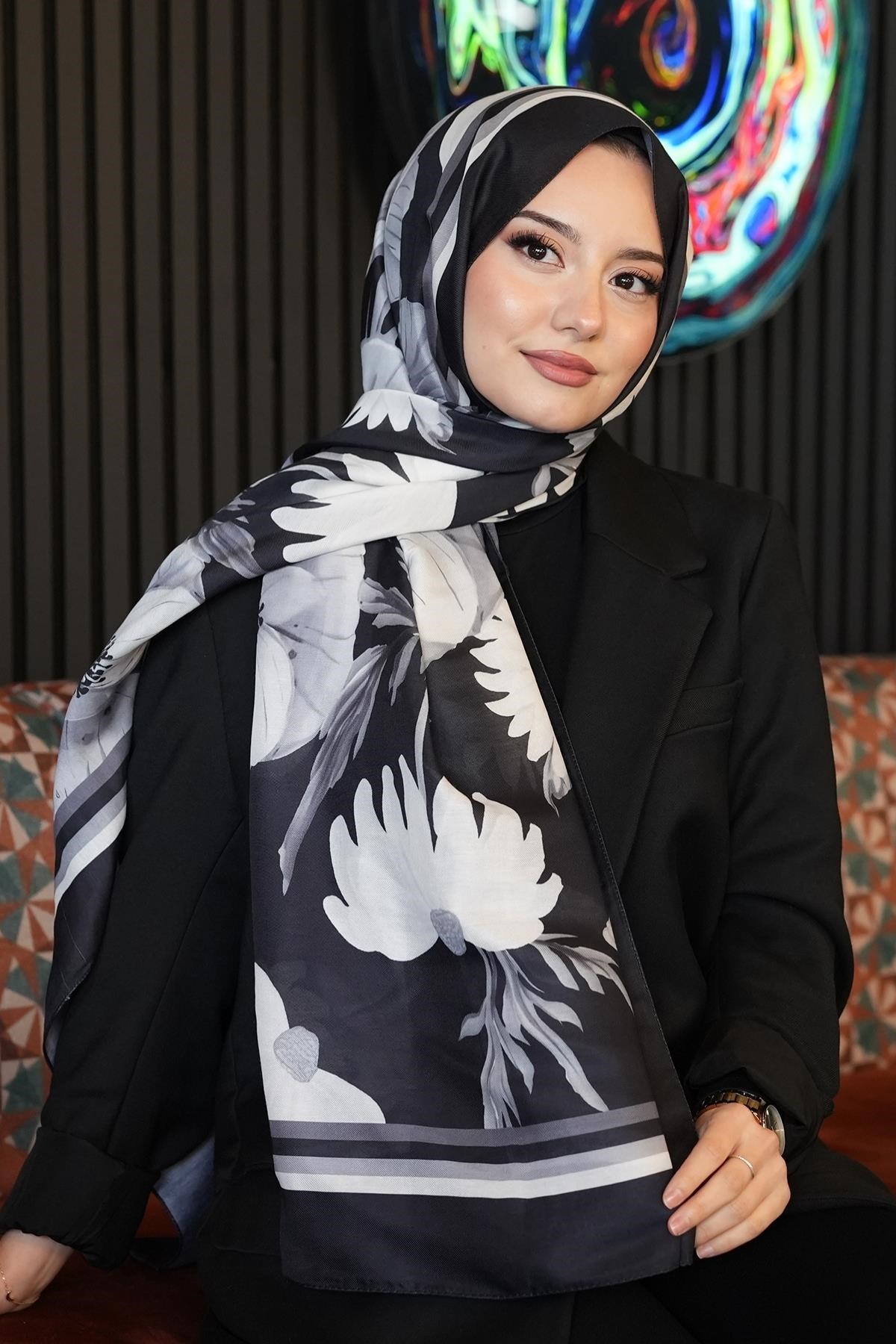 Gelincik Desen Siyah Soft Pamuk Şal