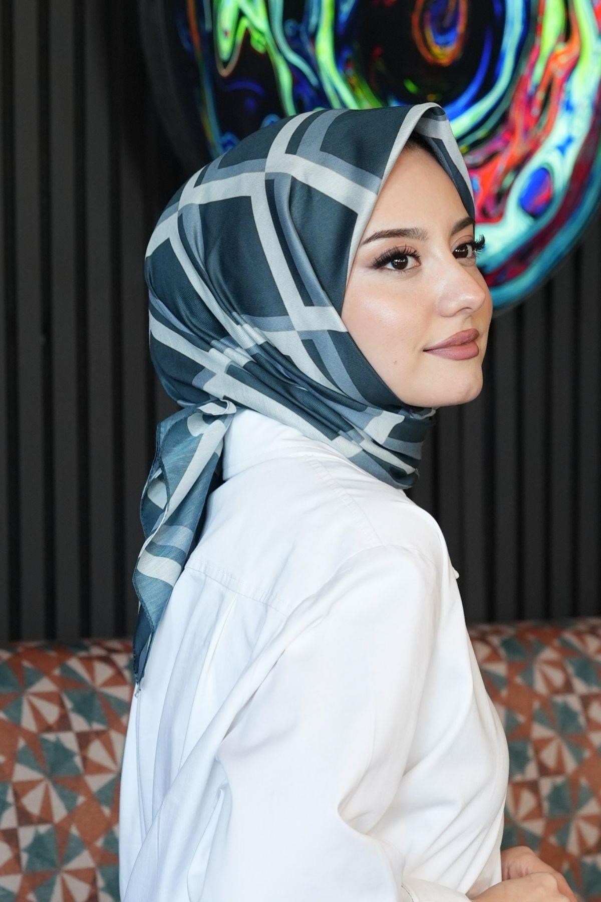 Geometrik Desen Mavi Soft Pamuk Eşarp