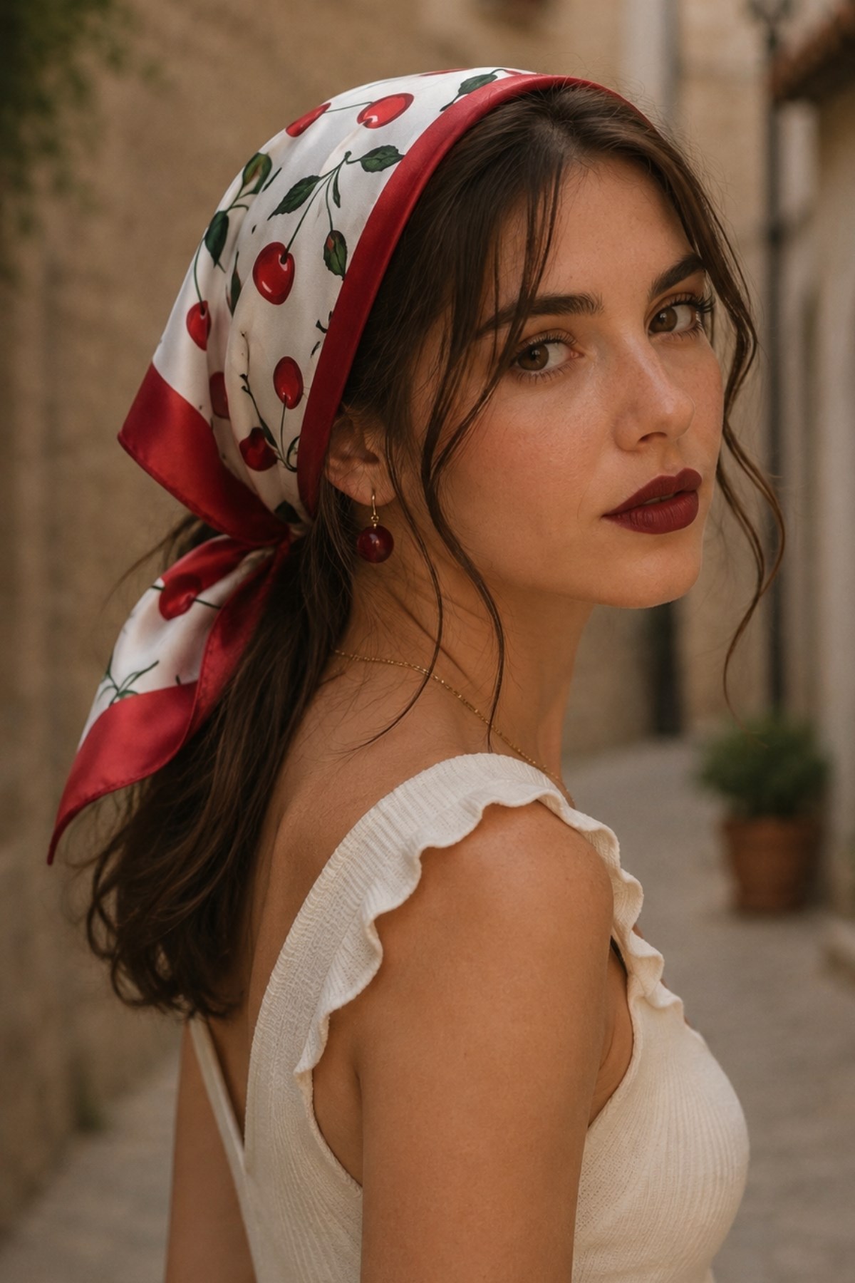 Kiraz Bahçesi Desen Kırmızı Saten Bandana Fular 50×50 cm