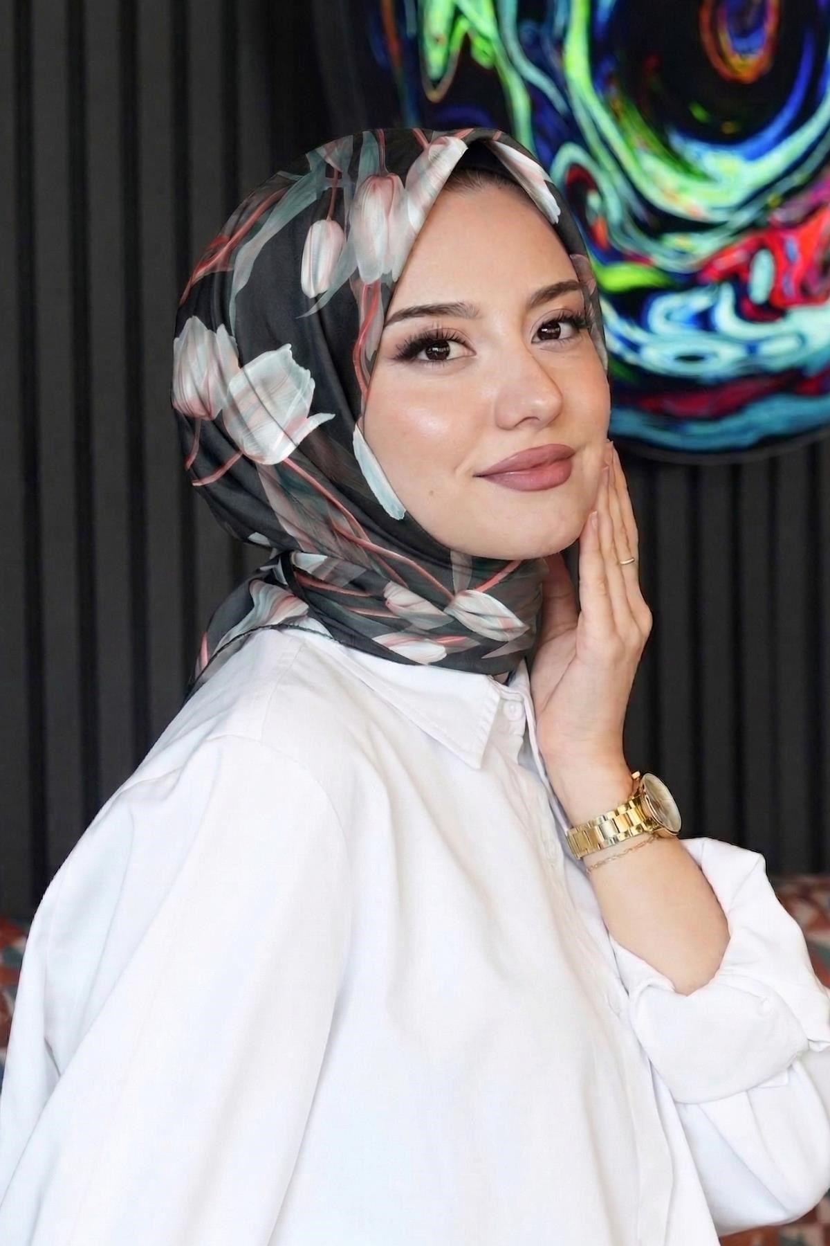Lale Desen Antrasit Soft Pamuk Eşarp