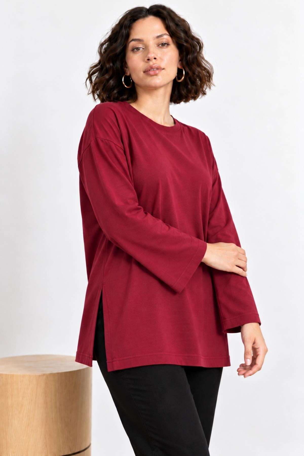 Lavinya Kadın Büyük Beden Oversize Uzun Kollu Penye Bluz Bordo