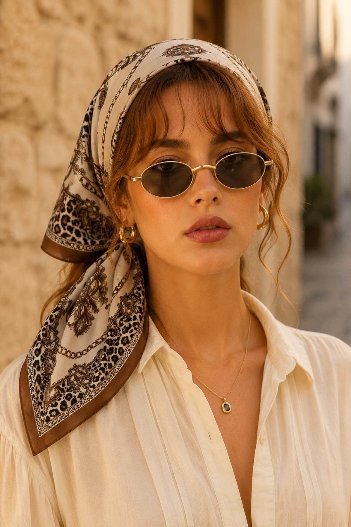 Leopar Zincir Desen Kahve-Bej Soft Bandana Fular 50x50 cm