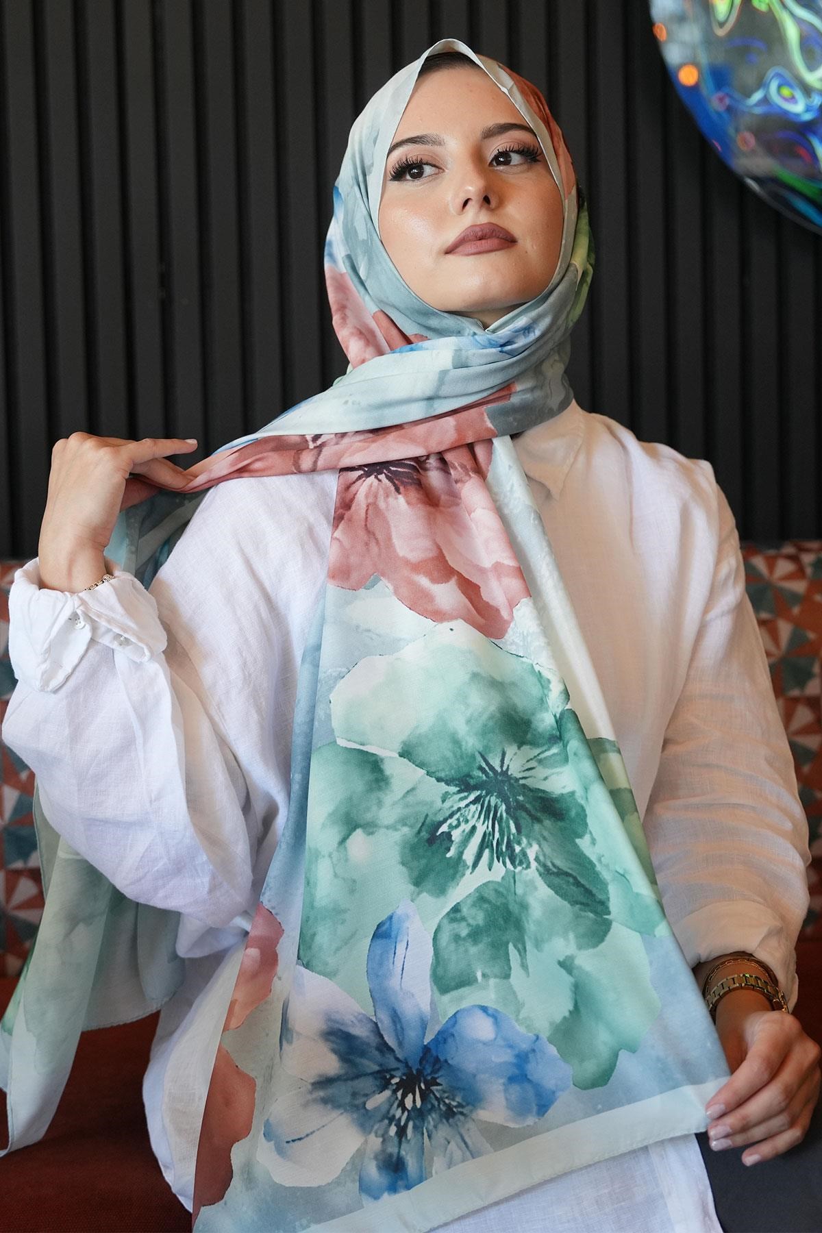 Manolya Çiçek Desen Çağla Soft Pamuk Şal