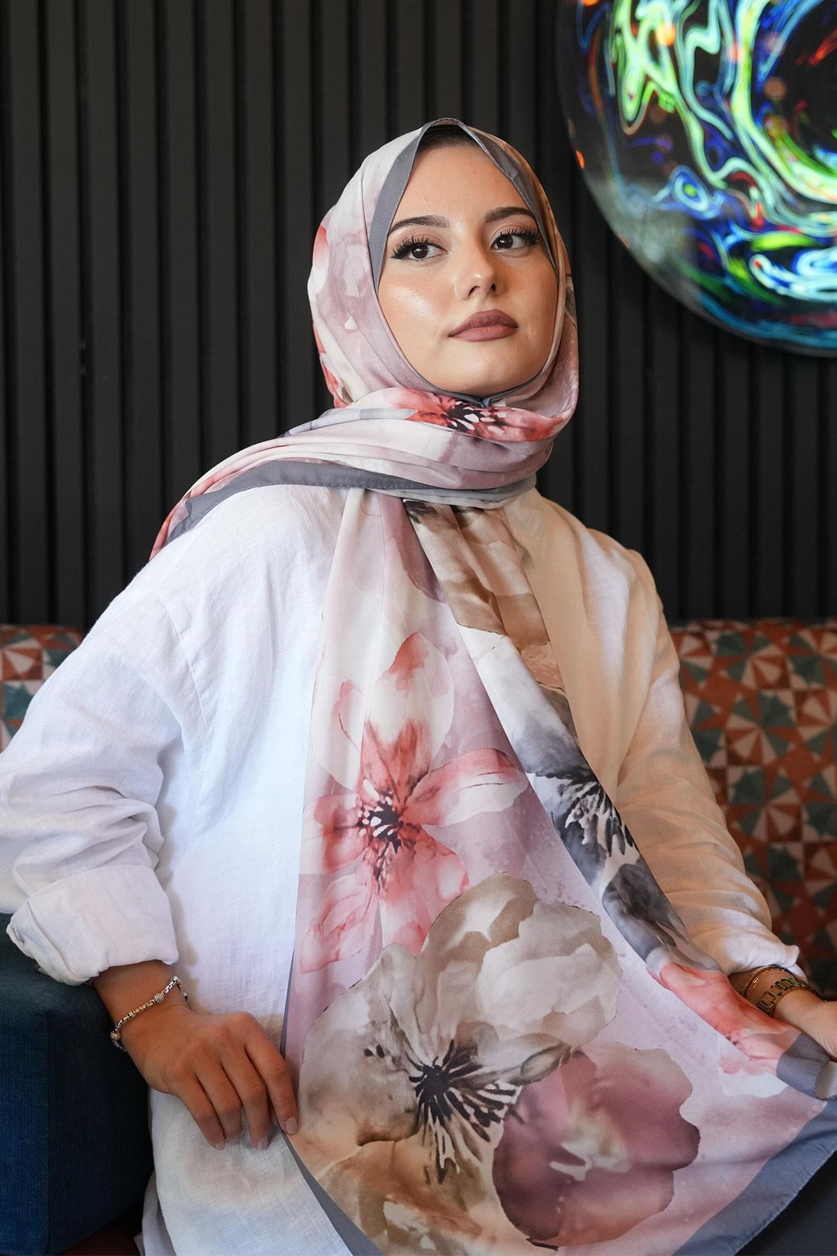 Manolya Çiçek Desen Füme Soft Pamuk Şal