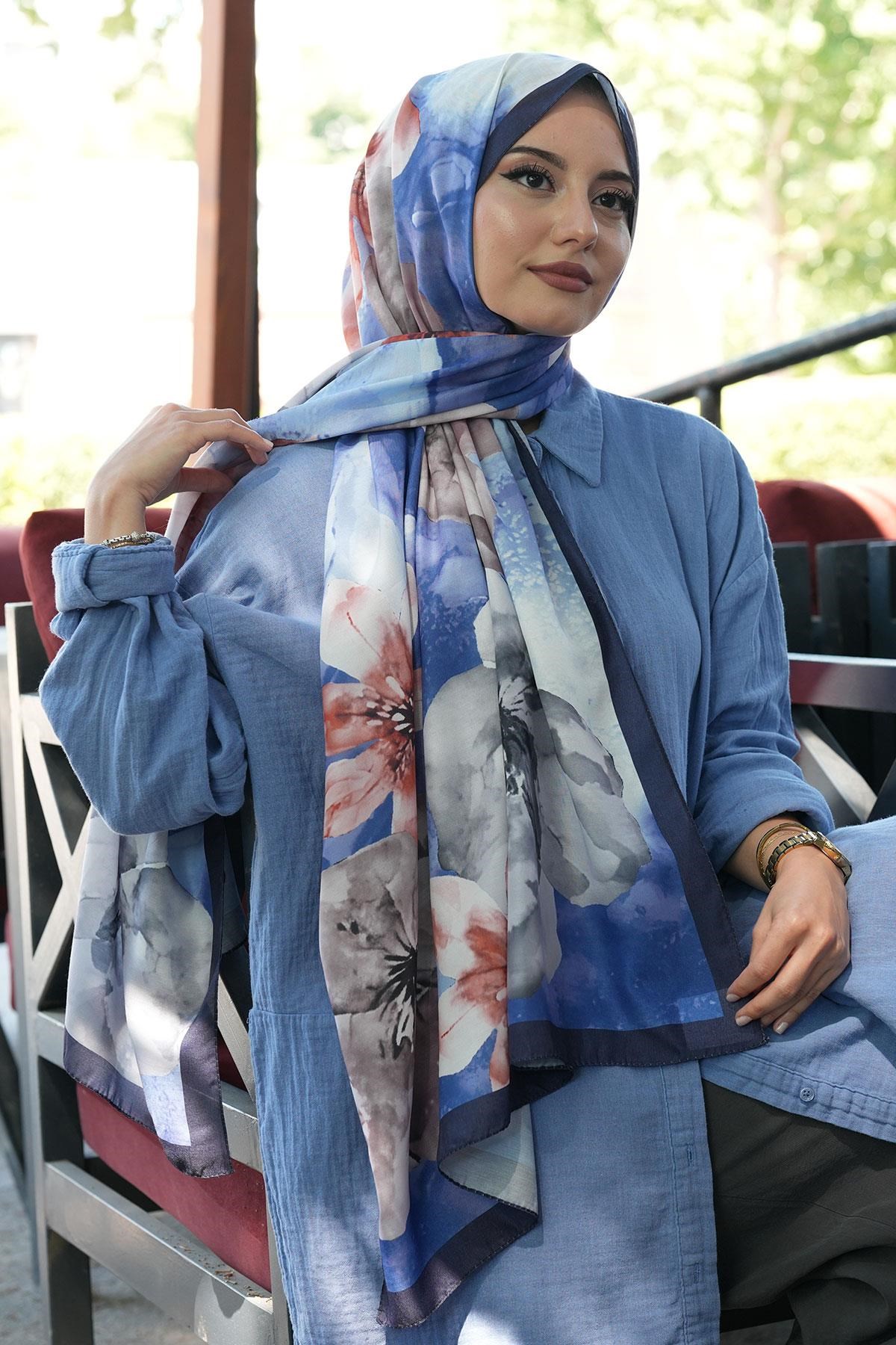 Manolya Çiçek Desen İndigo Soft Pamuk Şal