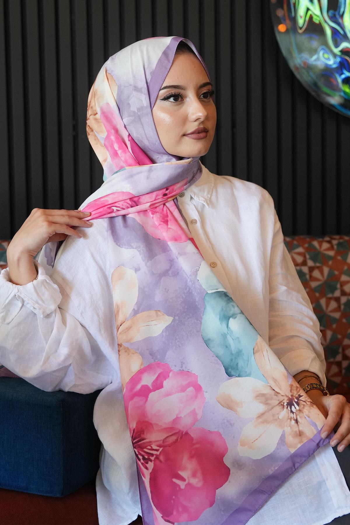 Manolya Çiçek Desen Lavanta Soft Pamuk Şal