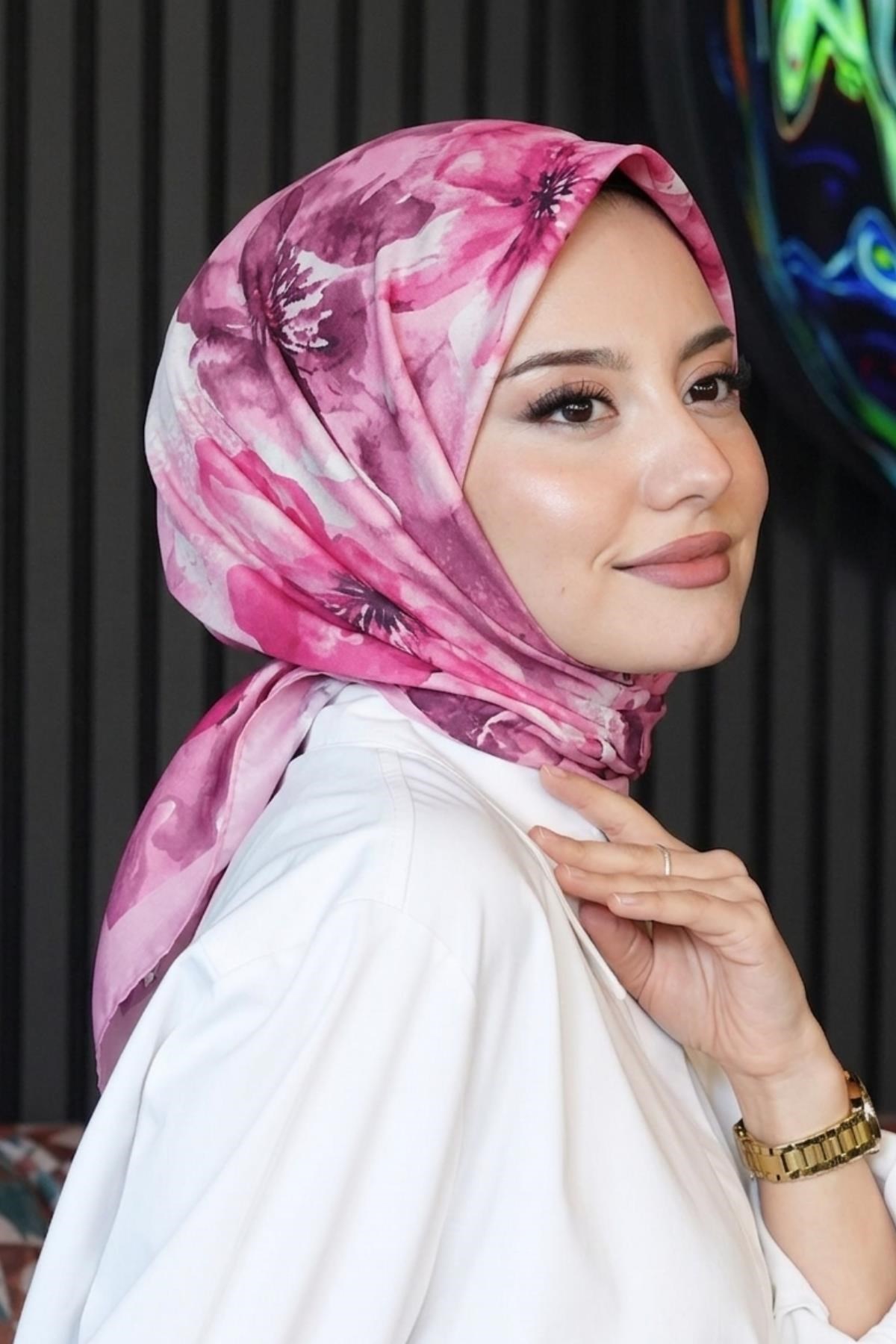 Manolya Çiçek Desen Pembe Soft Pamuk Eşarp
